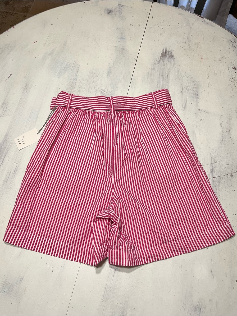 NWT A New Day Pink/White Stripe 100% Cotton Seersucker High Waist Belted Shorts - Picture 5 of 7